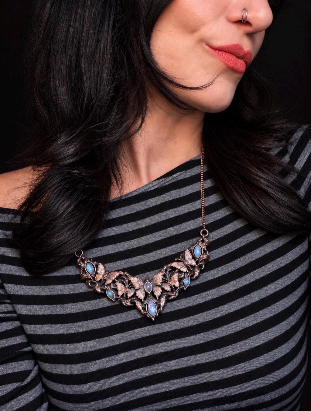 The Moonwing Garden · Electroformed Copper Butterfly Collar · Rainbow Moonstone Statement Necklace