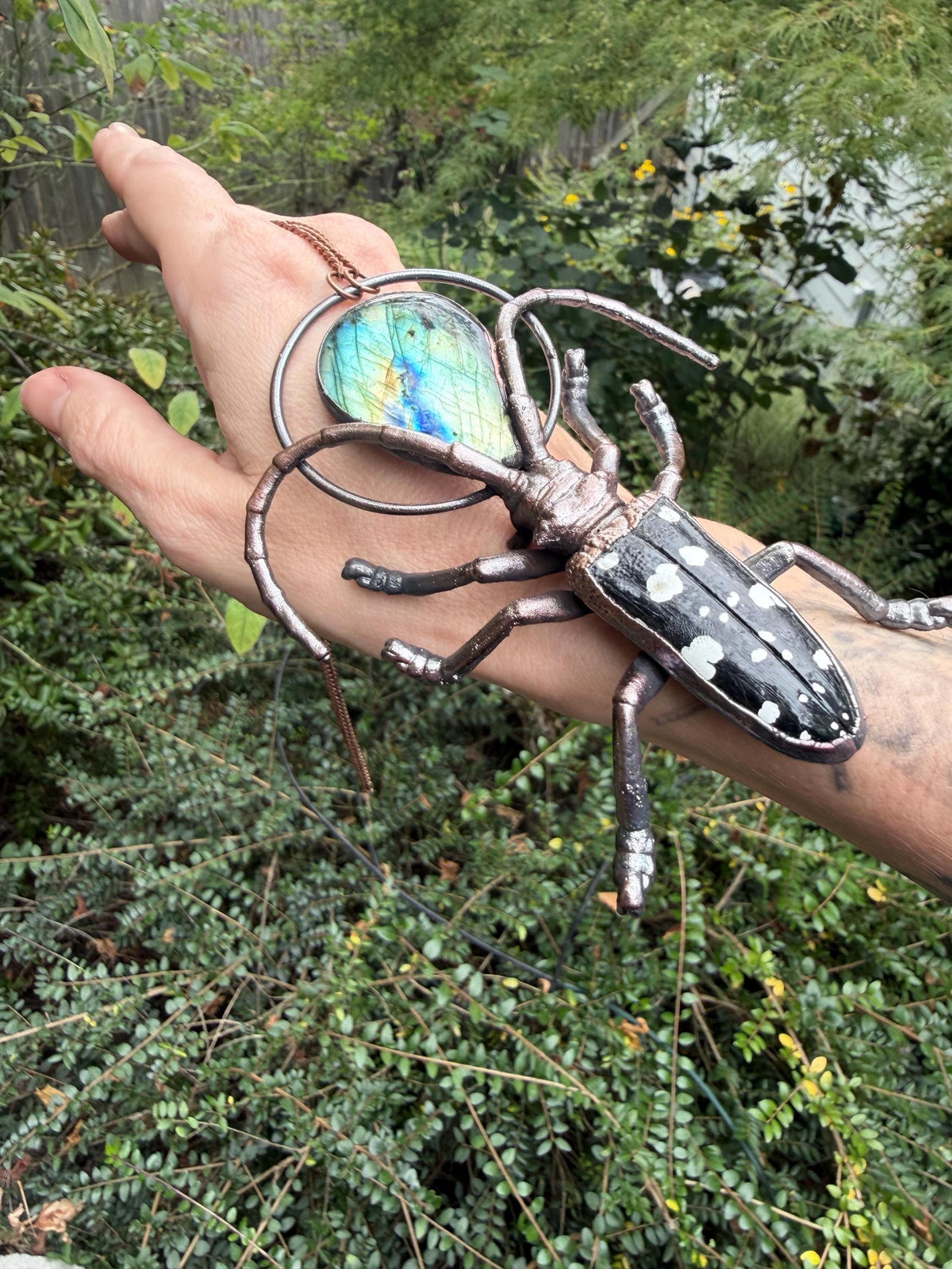 Spotted Longhorn Beetle · Labradorite · Electroformed Copper Pendant