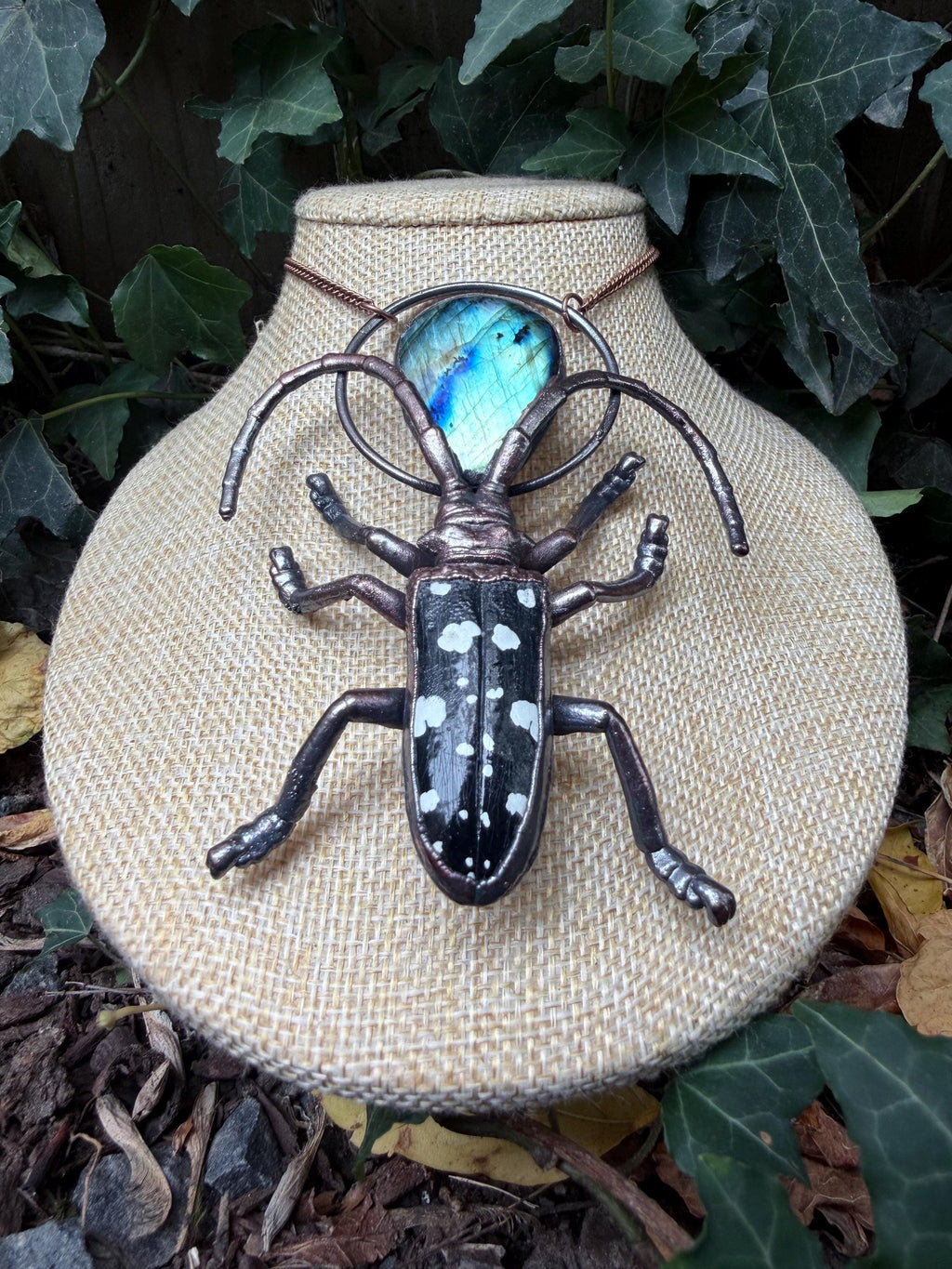 Spotted Longhorn Beetle · Labradorite · Electroformed Copper Pendant