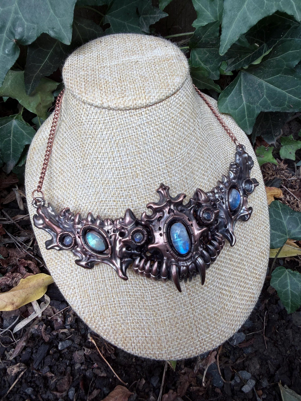 Seven Rainbow Moonstone Statement Necklace • Electroformed Copper Collar • High Flash Moonstone • One of a Kind