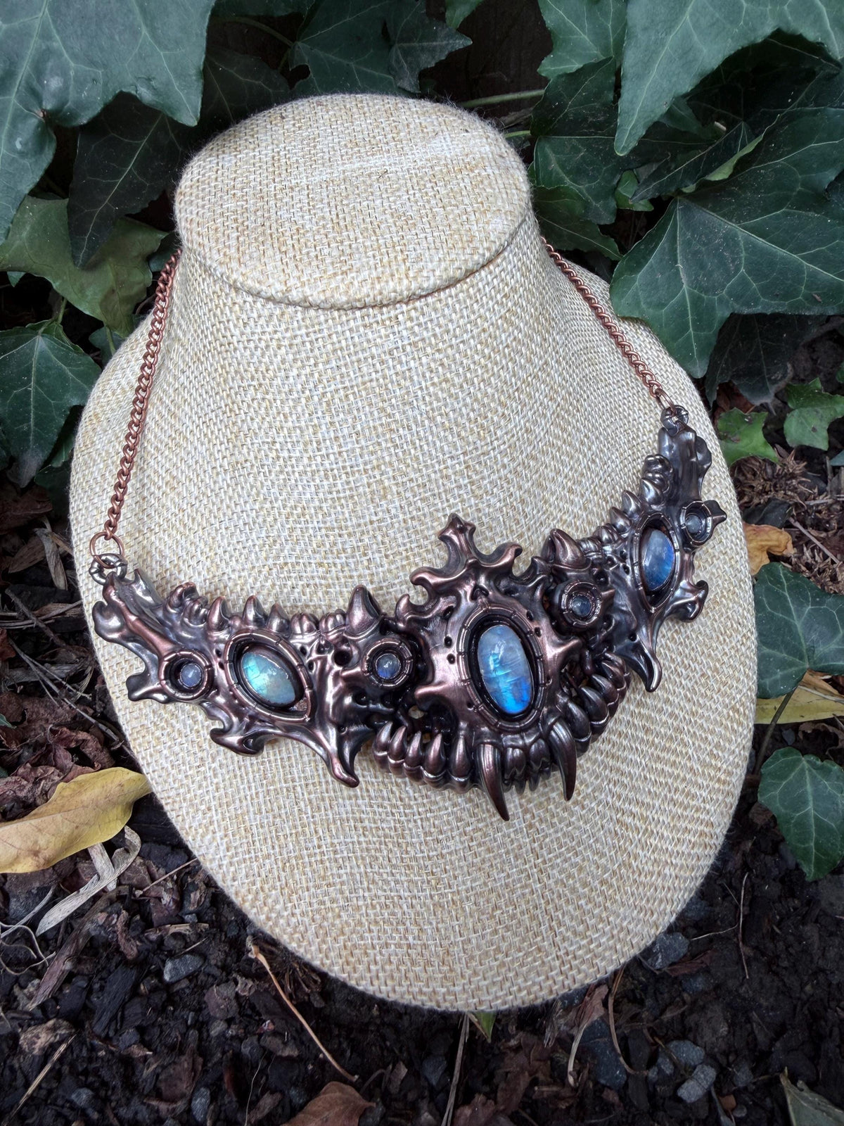Seven Rainbow Moonstone Statement Necklace • Electroformed Copper Collar • High Flash Moonstone • One of a Kind