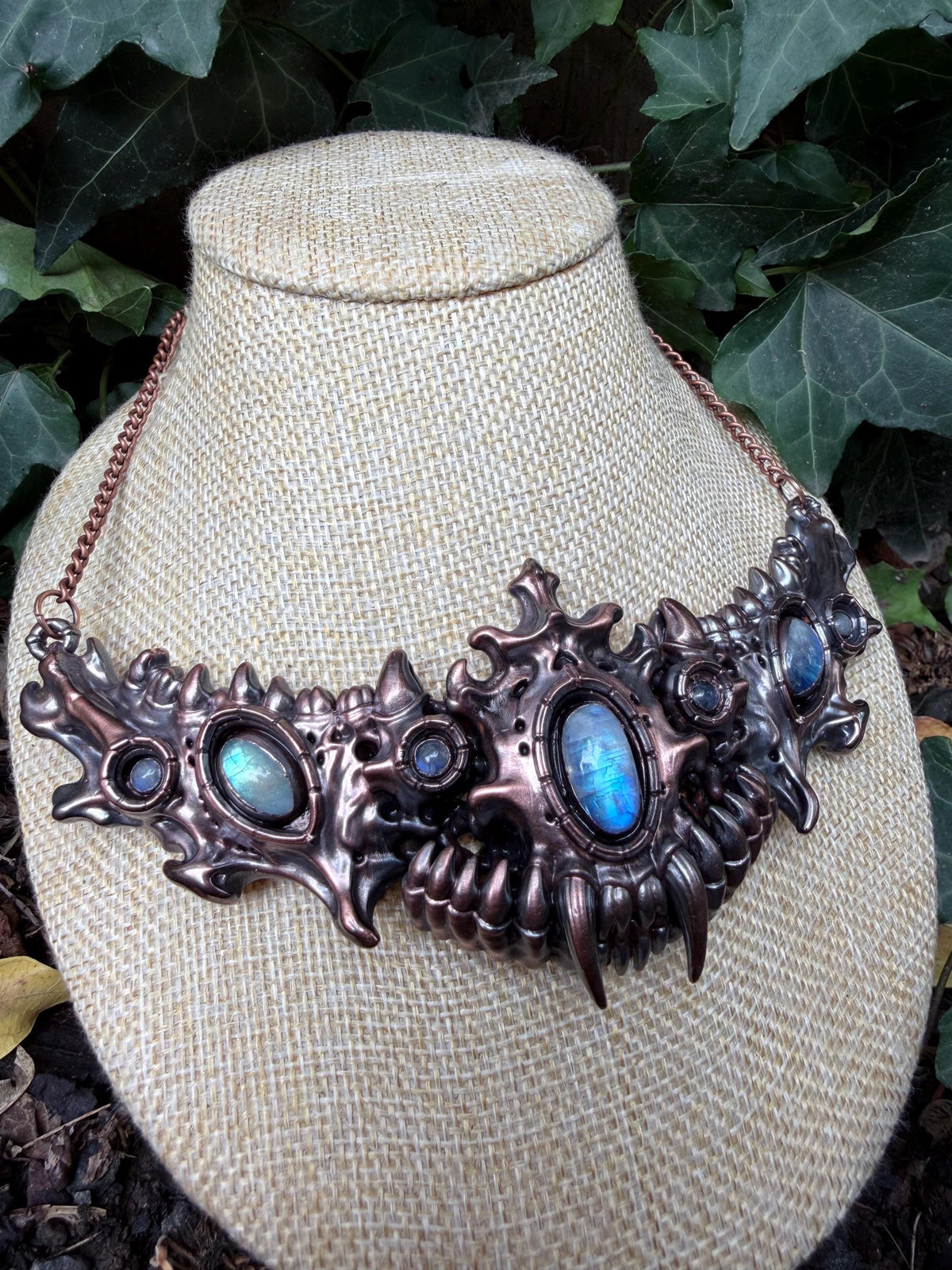 Seven Rainbow Moonstone Statement Necklace • Electroformed Copper Collar • High Flash Moonstone • One of a Kind