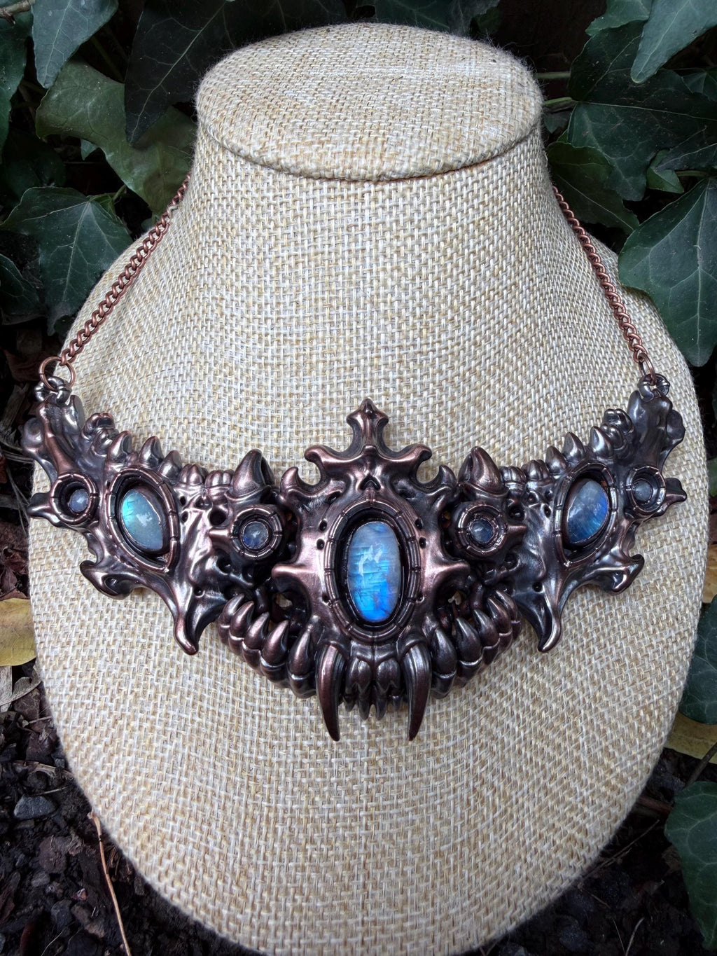 Seven Rainbow Moonstone Statement Necklace • Electroformed Copper Collar • High Flash Moonstone • One of a Kind