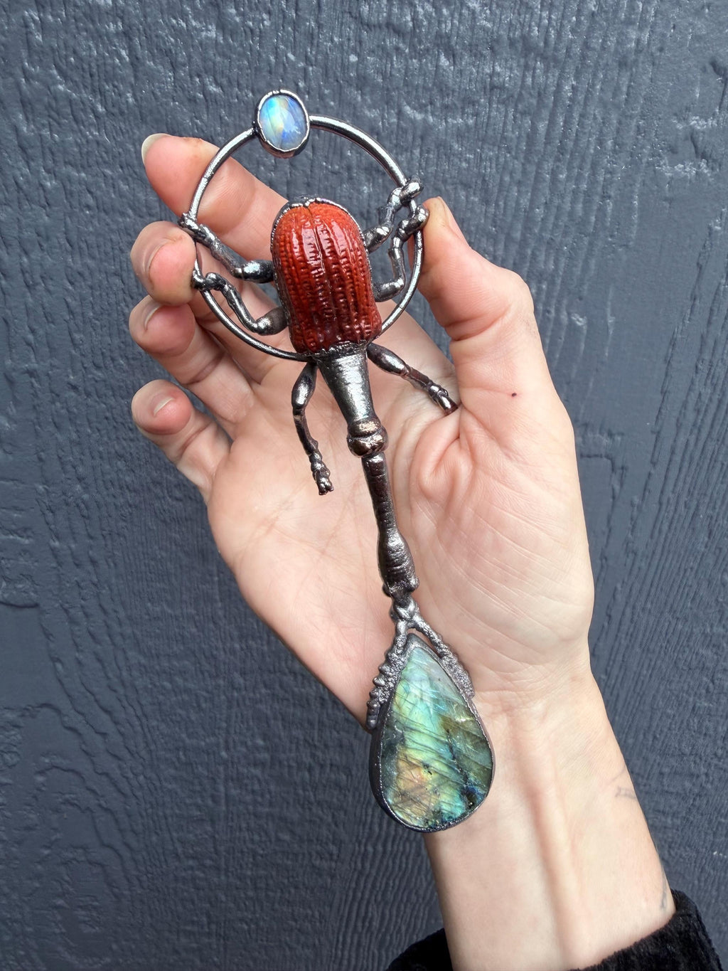 Giraffe Weevil Labradorite & Moonstone Pendant • Electroformed Copper Insect Necklace • One of a Kind