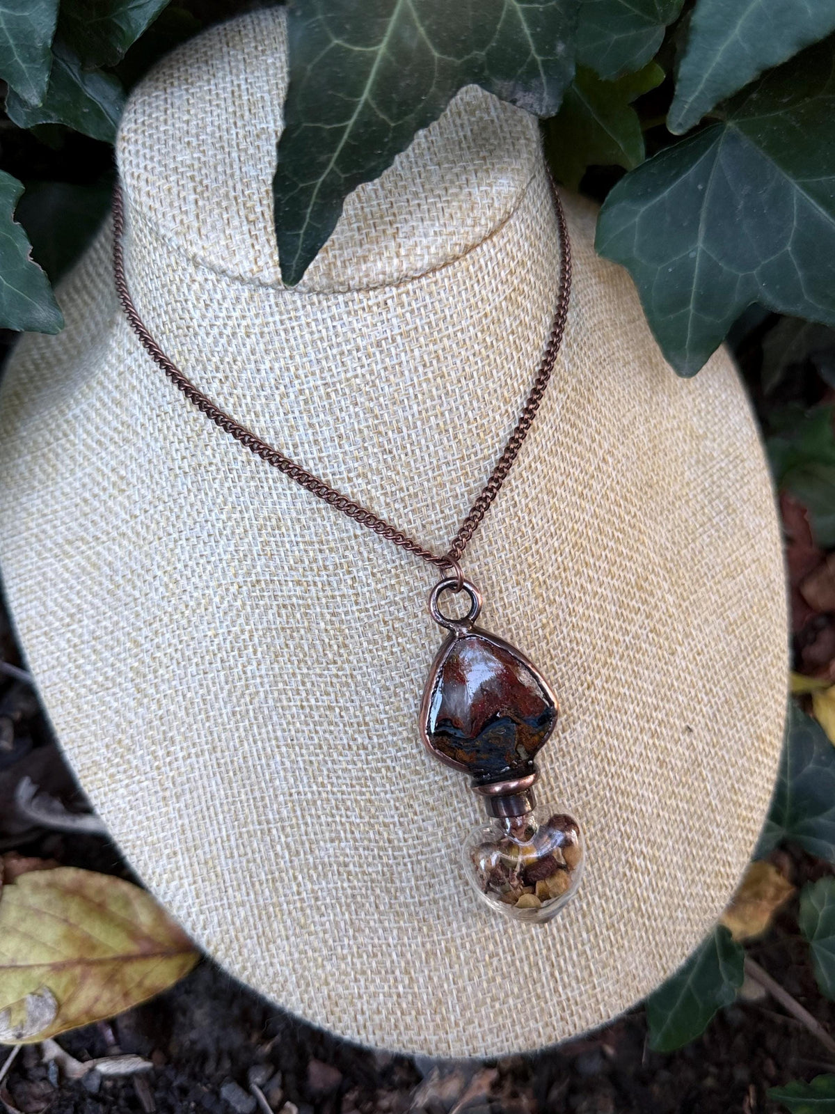 Earthbound Elixir · Jasper & Botanical Vial · Electroformed Copper Pendant