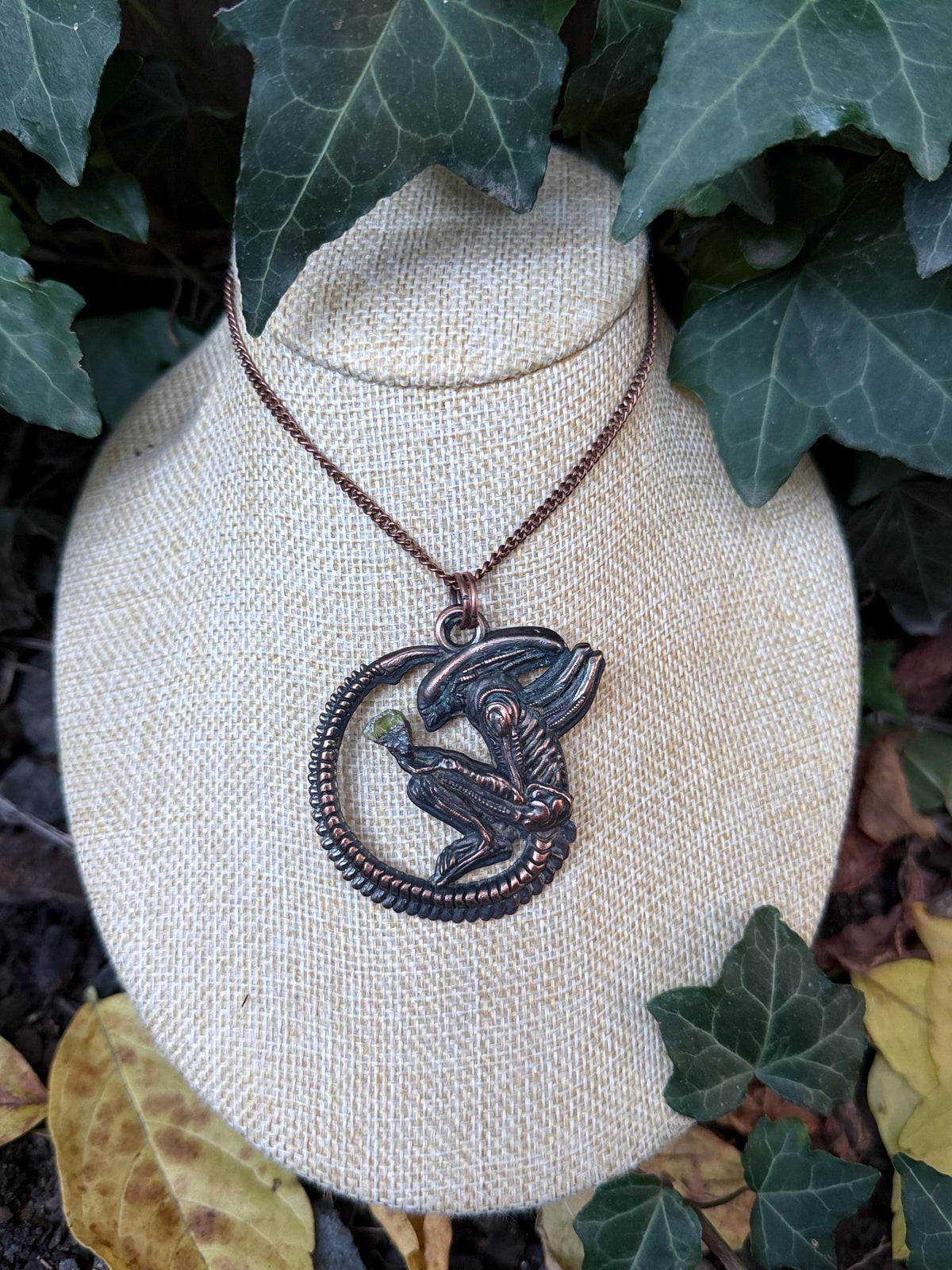 Xenomorph Sculptural Pendant • Electroformed Copper, Green Gemstone Accent
