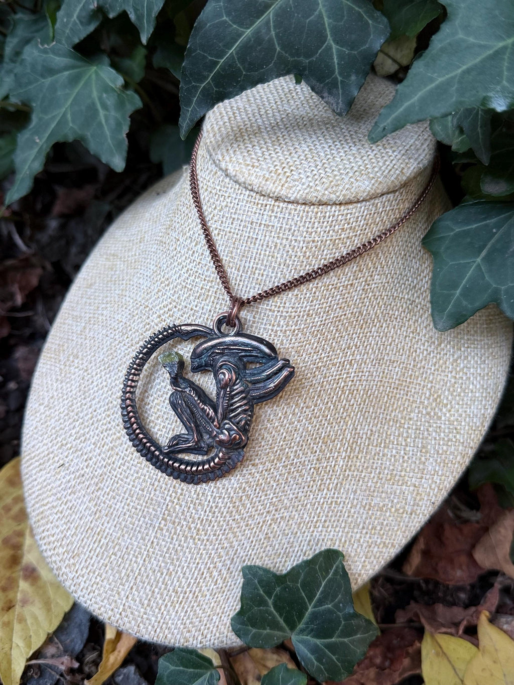 Xenomorph Sculptural Pendant • Electroformed Copper, Green Gemstone Accent