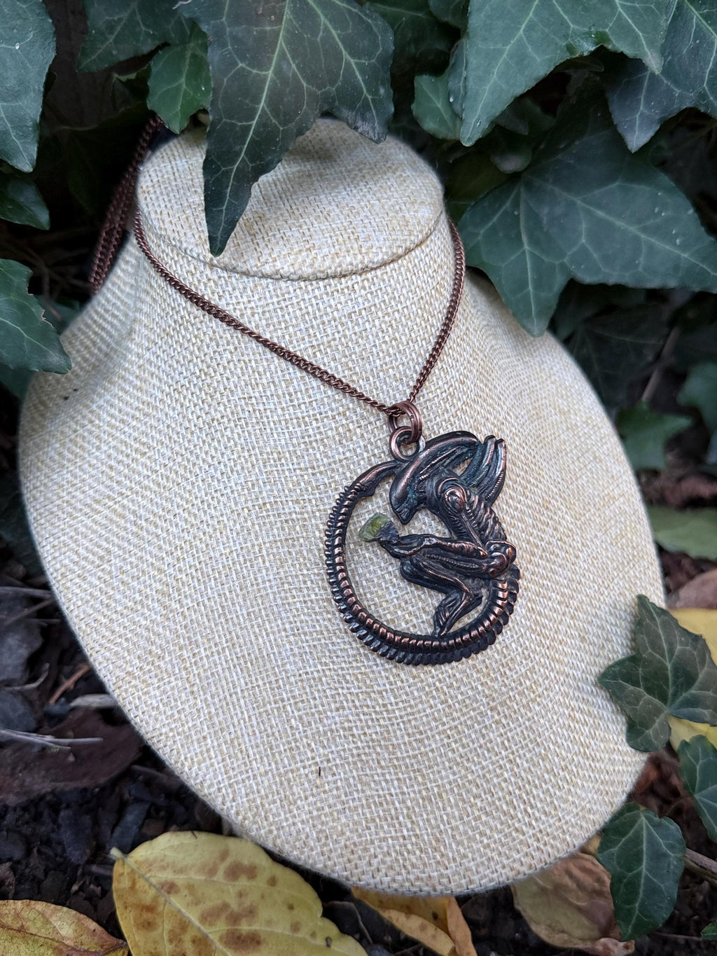 Xenomorph Sculptural Pendant • Electroformed Copper, Green Gemstone Accent