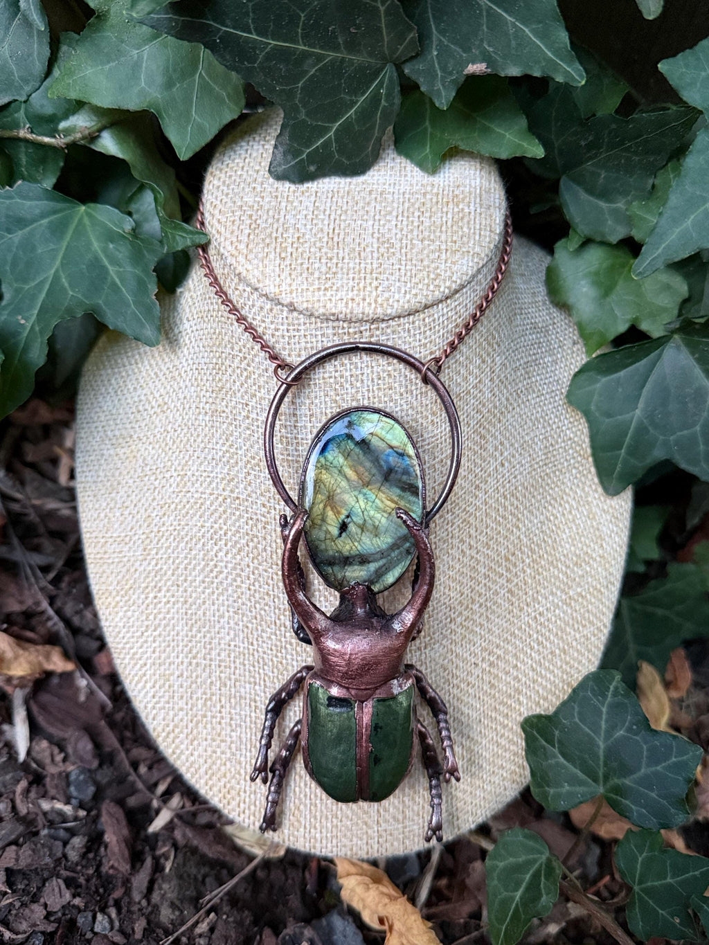 Stag Beetle • Electroformed Labradorite Copper Pendant