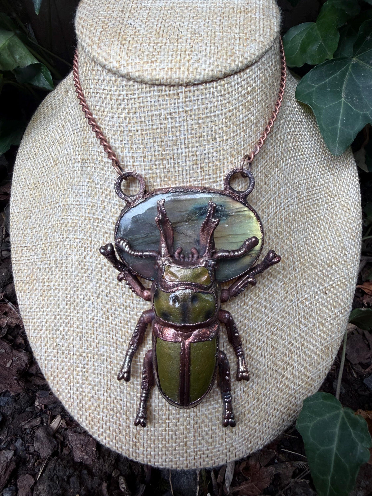 Electroformed Stag Beetle · Labradorite Statement Pendant