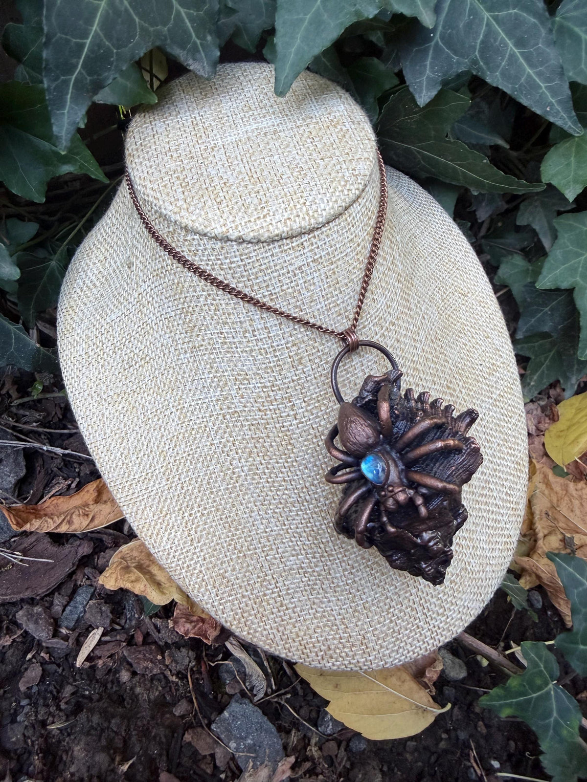 The Abyssal Weaver • Electroformed Seashell & Spider Pendant • Moonstone • Gothic Ocean Jewelry