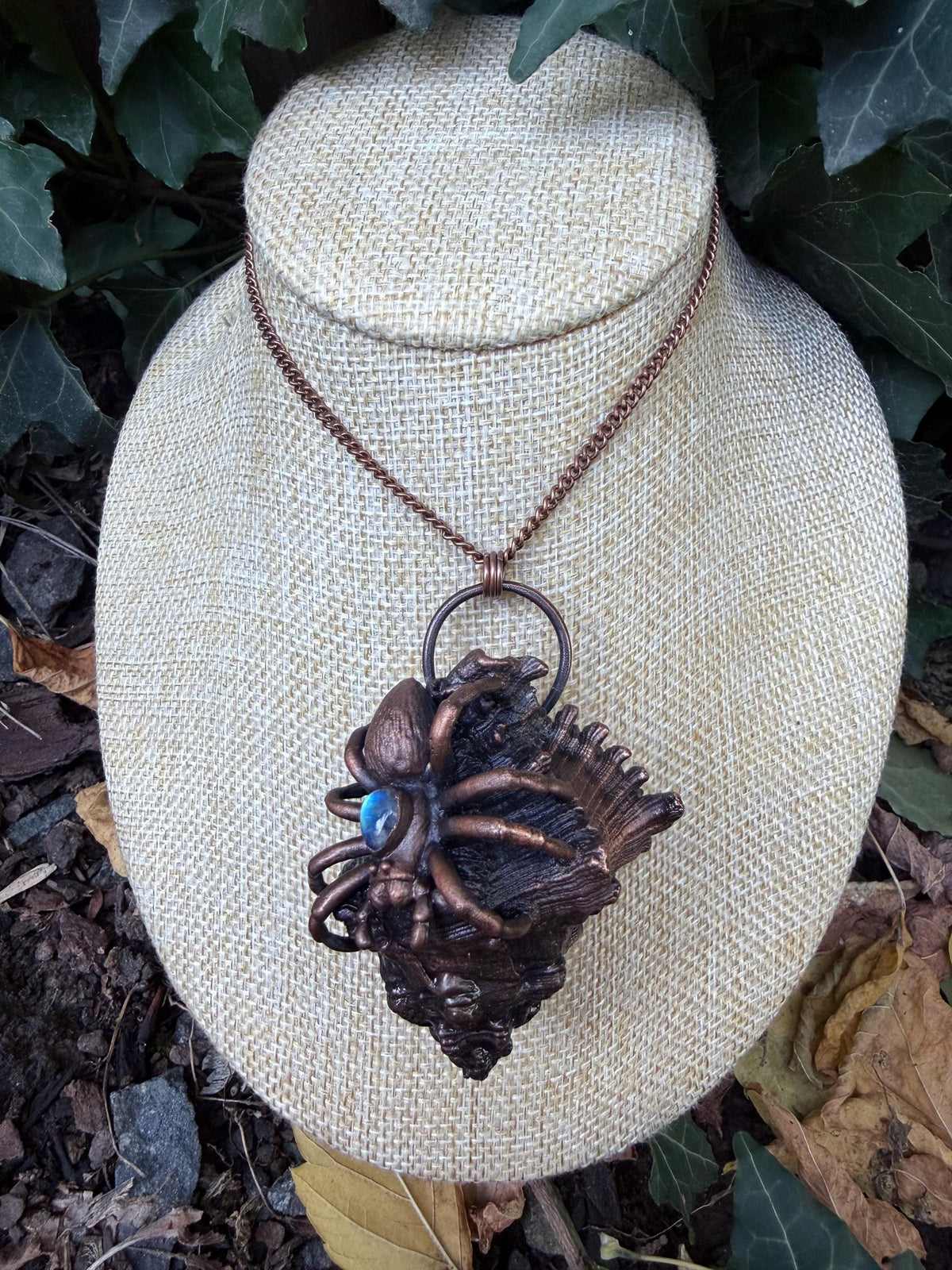 The Abyssal Weaver • Electroformed Seashell & Spider Pendant • Moonstone • Gothic Ocean Jewelry