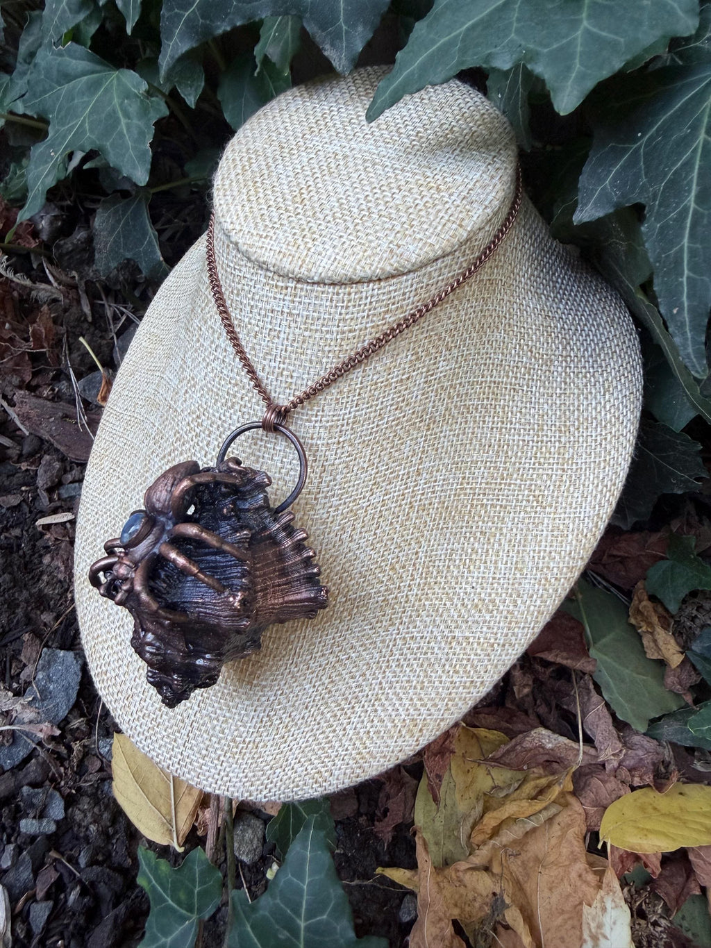 The Abyssal Weaver • Electroformed Seashell & Spider Pendant • Moonstone • Gothic Ocean Jewelry