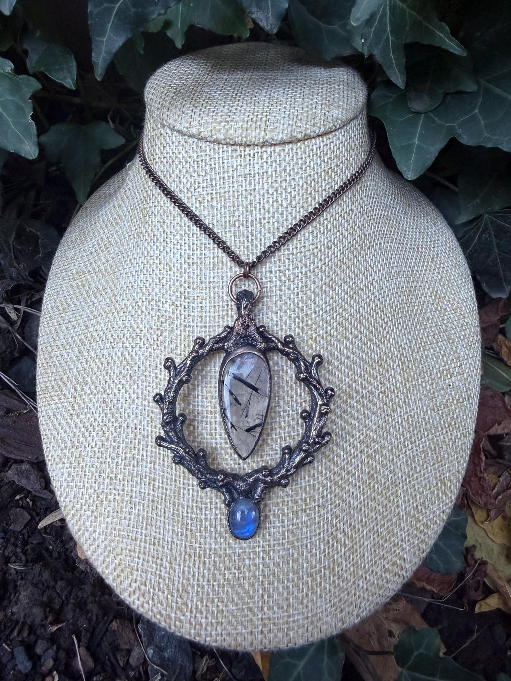 The Thorn Oracle • Electroformed Copper Pendant • Tourmalinated Quartz & Moonstone• Dark Botanical Jewelry