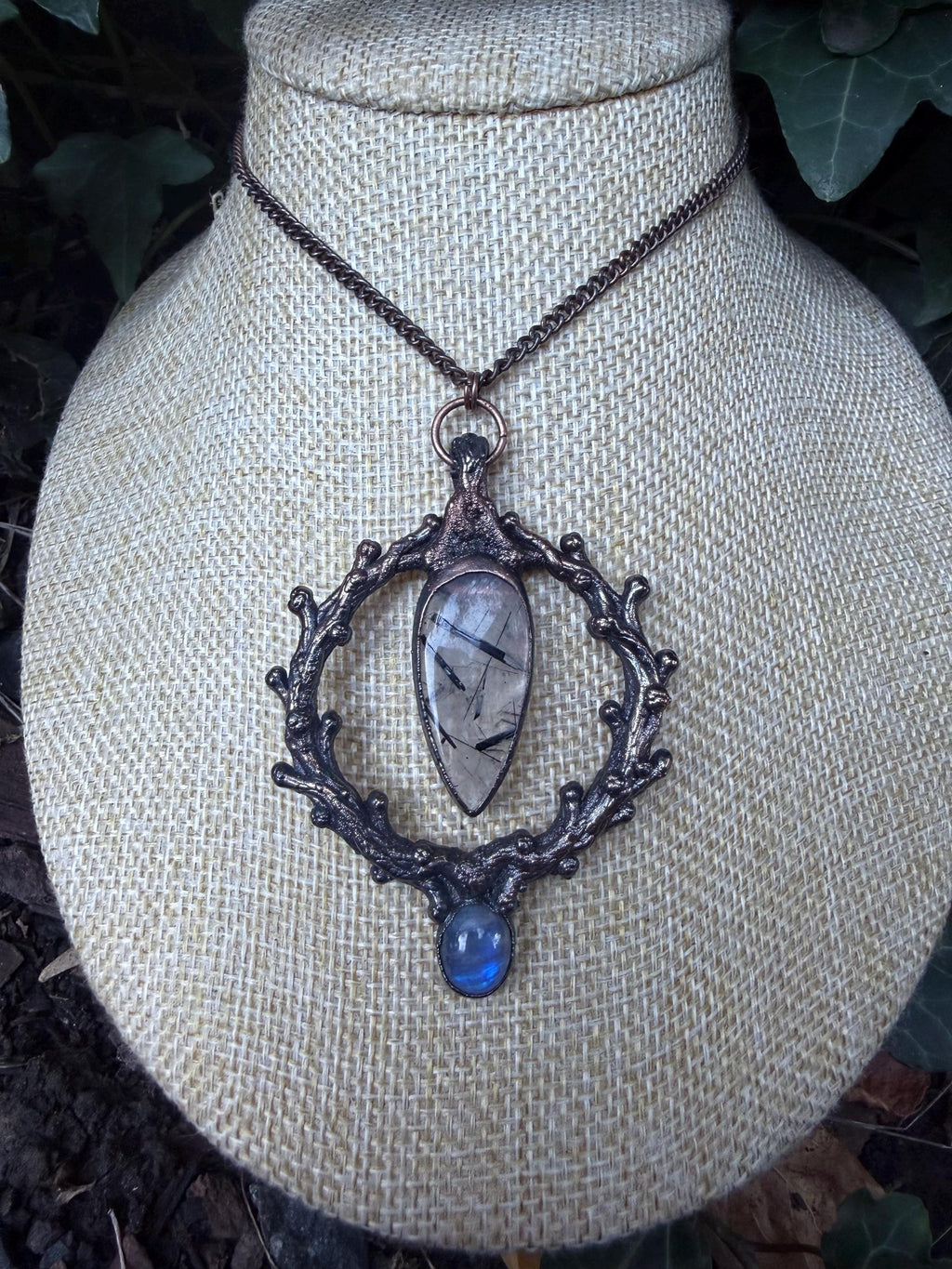 The Thorn Oracle • Electroformed Copper Pendant • Tourmalinated Quartz & Moonstone• Dark Botanical Jewelry