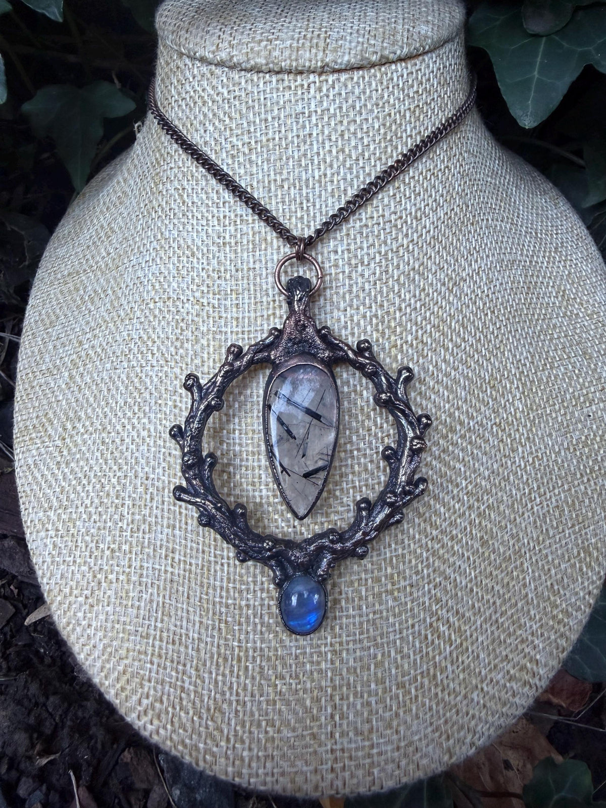 The Thorn Oracle • Electroformed Copper Pendant • Tourmalinated Quartz & Moonstone• Dark Botanical Jewelry