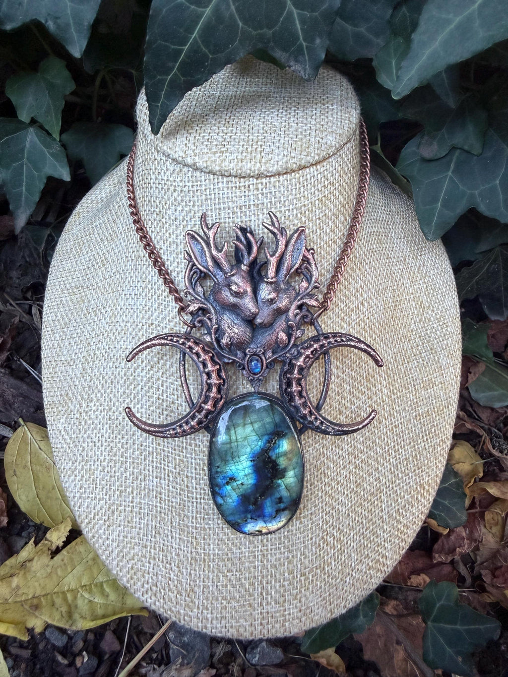The Bonebound • Jackalope Labradorite and Moonstone Statement Necklace • Electroformed Copper
