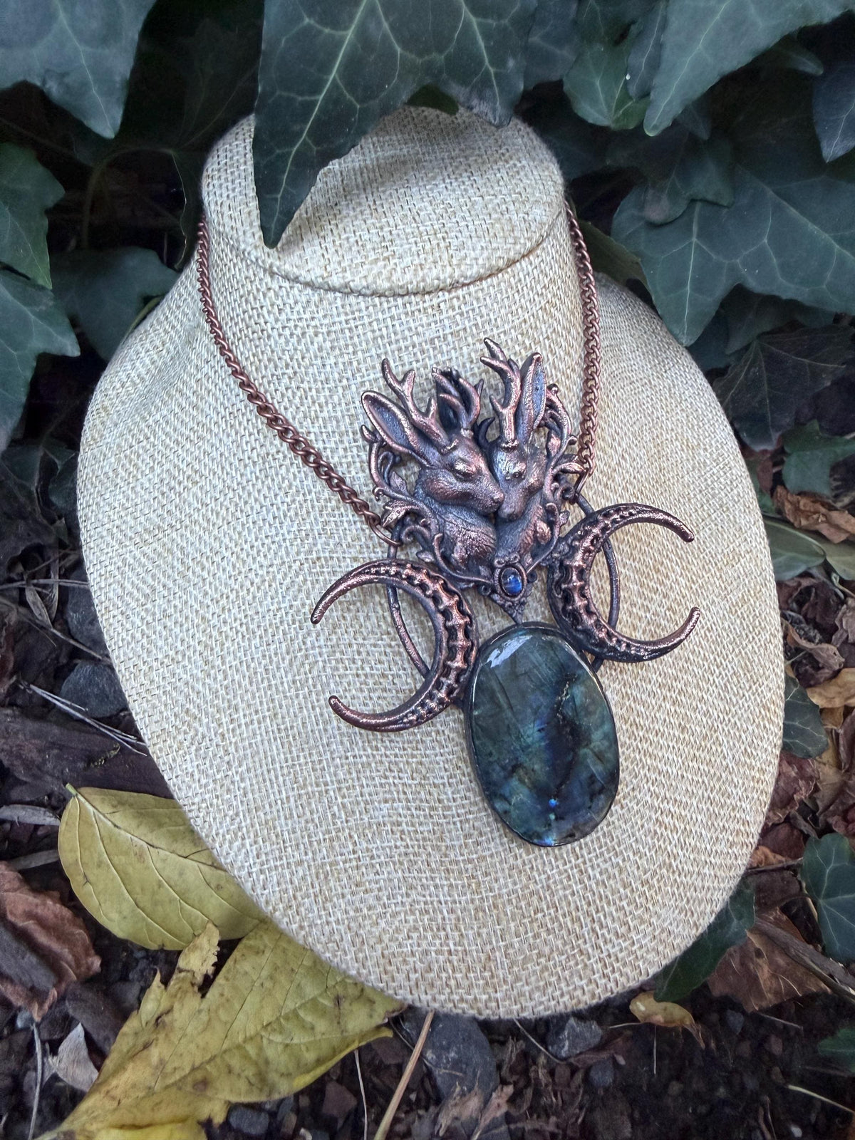 The Bonebound • Jackalope Labradorite and Moonstone Statement Necklace • Electroformed Copper