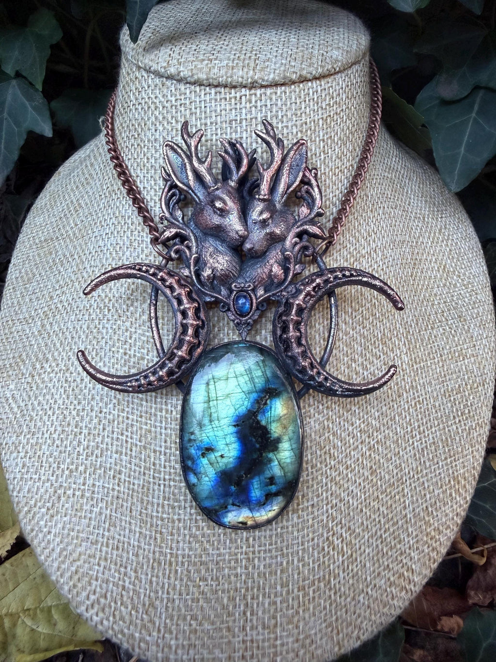 The Bonebound • Jackalope Labradorite and Moonstone Statement Necklace • Electroformed Copper