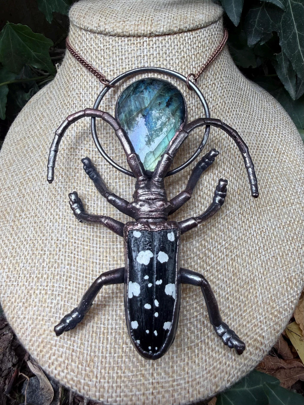Spotted Longhorn Beetle · Labradorite · Electroformed Copper Pendant