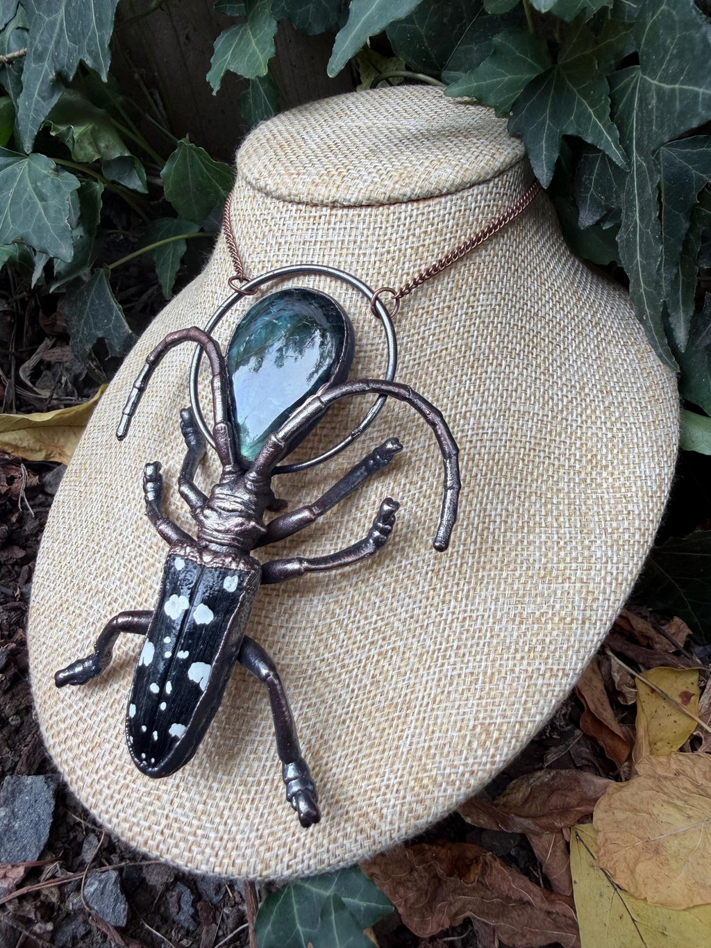 Spotted Longhorn Beetle · Labradorite · Electroformed Copper Pendant