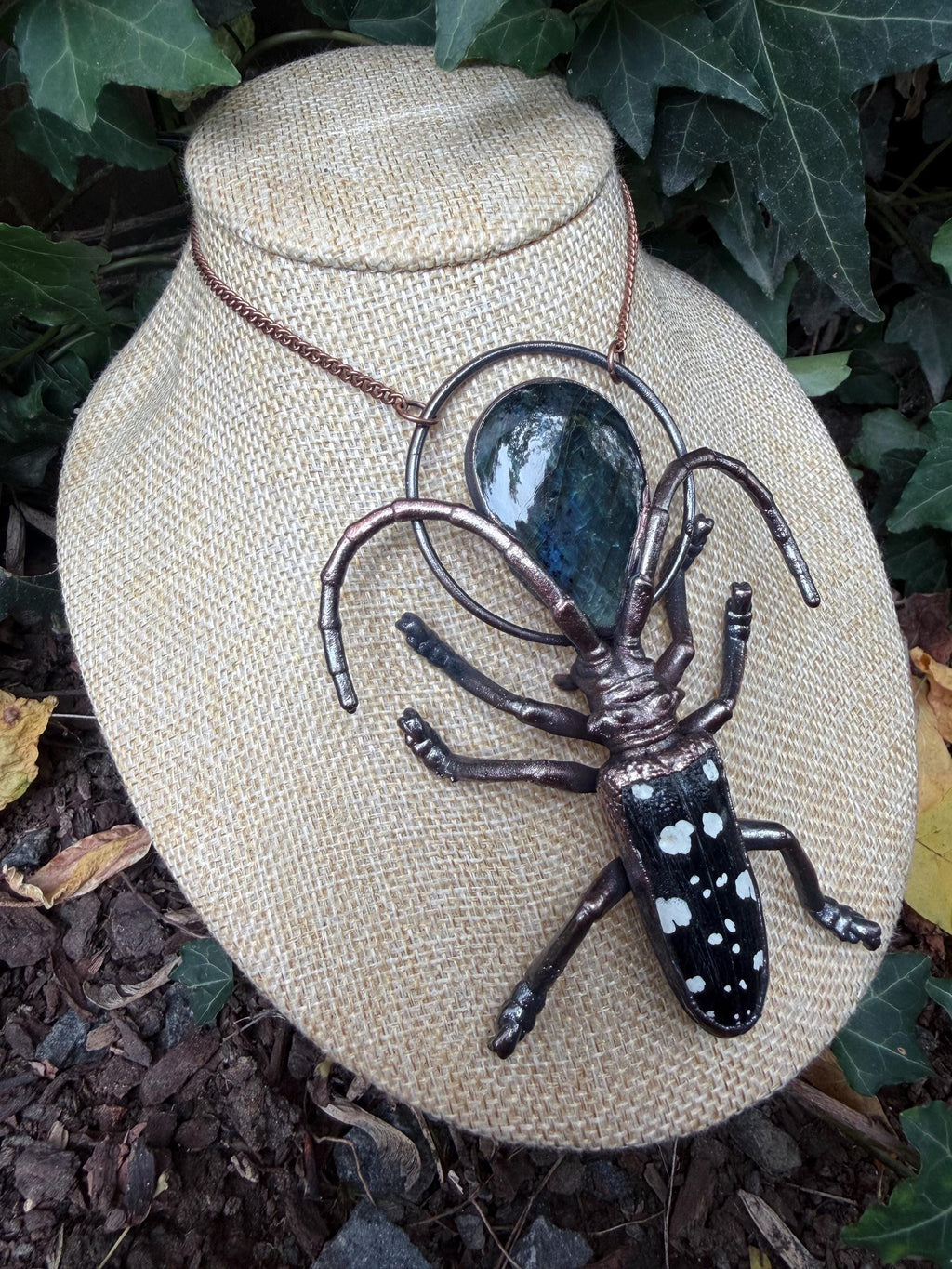 Spotted Longhorn Beetle · Labradorite · Electroformed Copper Pendant