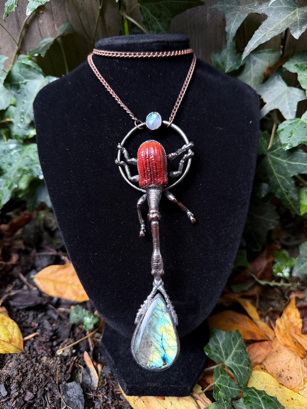 Giraffe Weevil Labradorite & Moonstone Pendant • Electroformed Copper Insect Necklace • One of a Kind