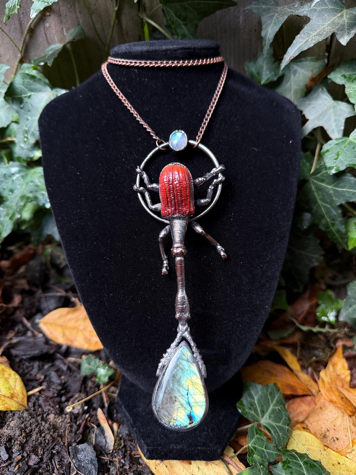 Giraffe Weevil Labradorite & Moonstone Pendant • Electroformed Copper Insect Necklace • One of a Kind