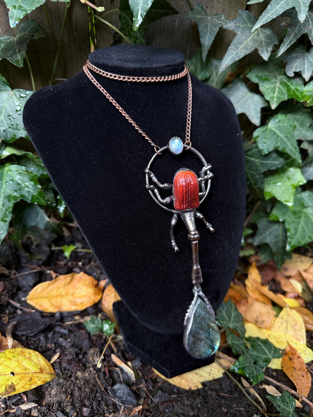 Giraffe Weevil Labradorite & Moonstone Pendant • Electroformed Copper Insect Necklace • One of a Kind