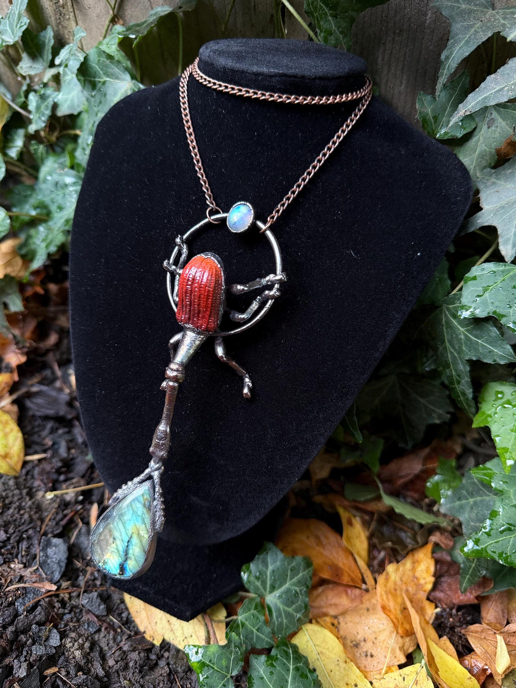 Giraffe Weevil Labradorite & Moonstone Pendant • Electroformed Copper Insect Necklace • One of a Kind