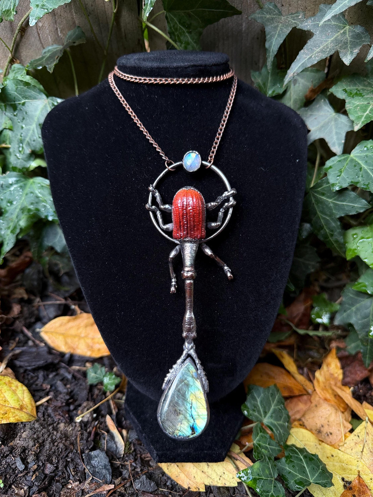 Giraffe Weevil Labradorite & Moonstone Pendant • Electroformed Copper Insect Necklace • One of a Kind