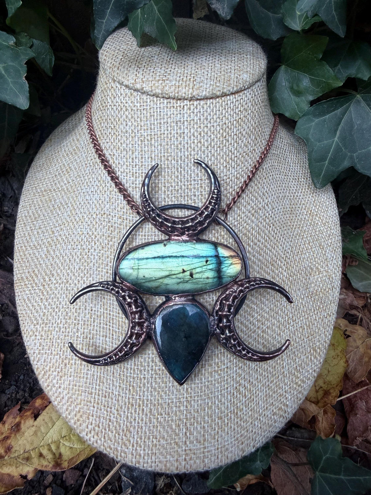 Triple Moon Labradorite Statement Necklace · Vertebrae Moons · Electroformed Copper