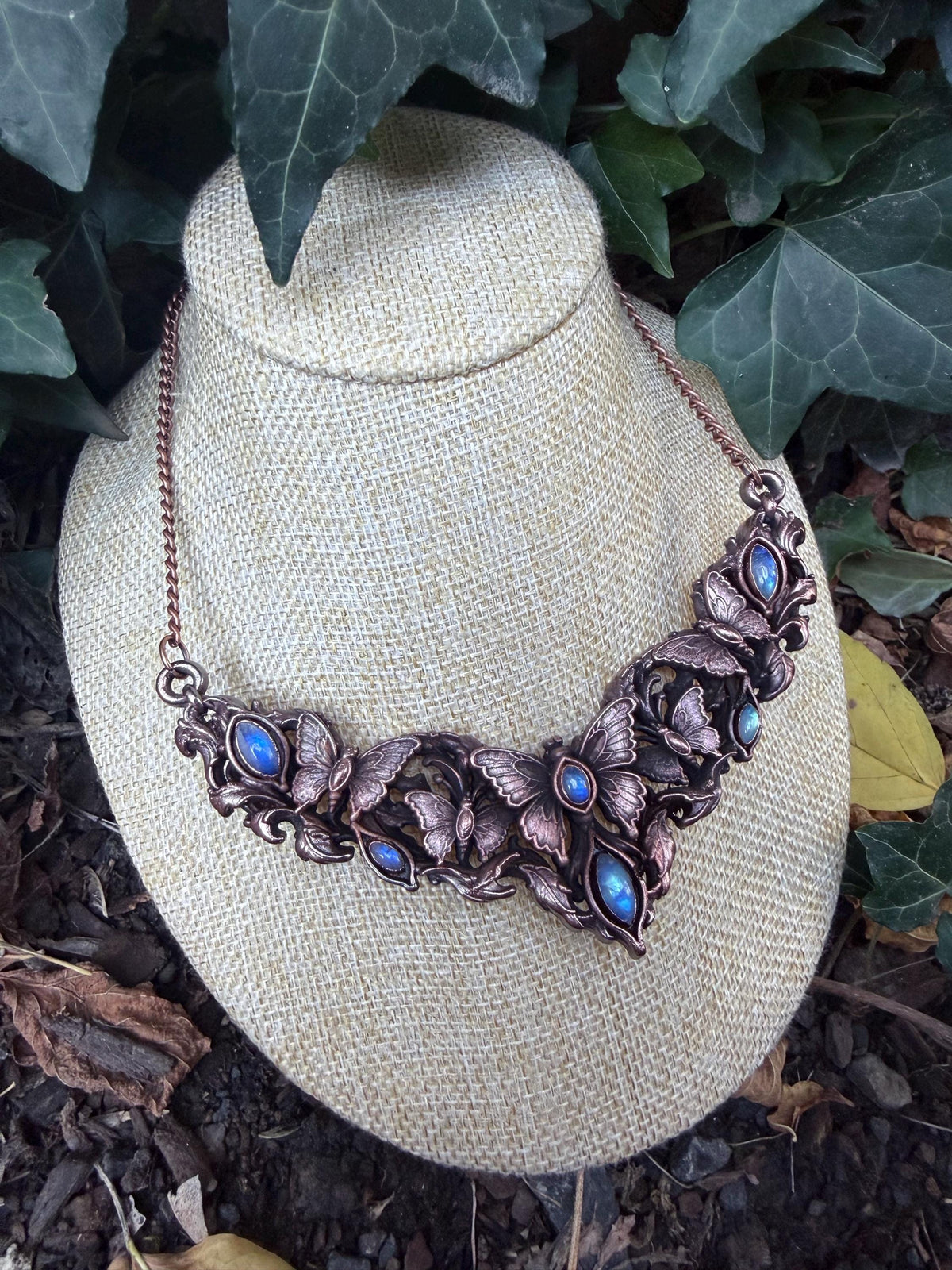 The Moonwing Garden · Electroformed Copper Butterfly Collar · Rainbow Moonstone Statement Necklace