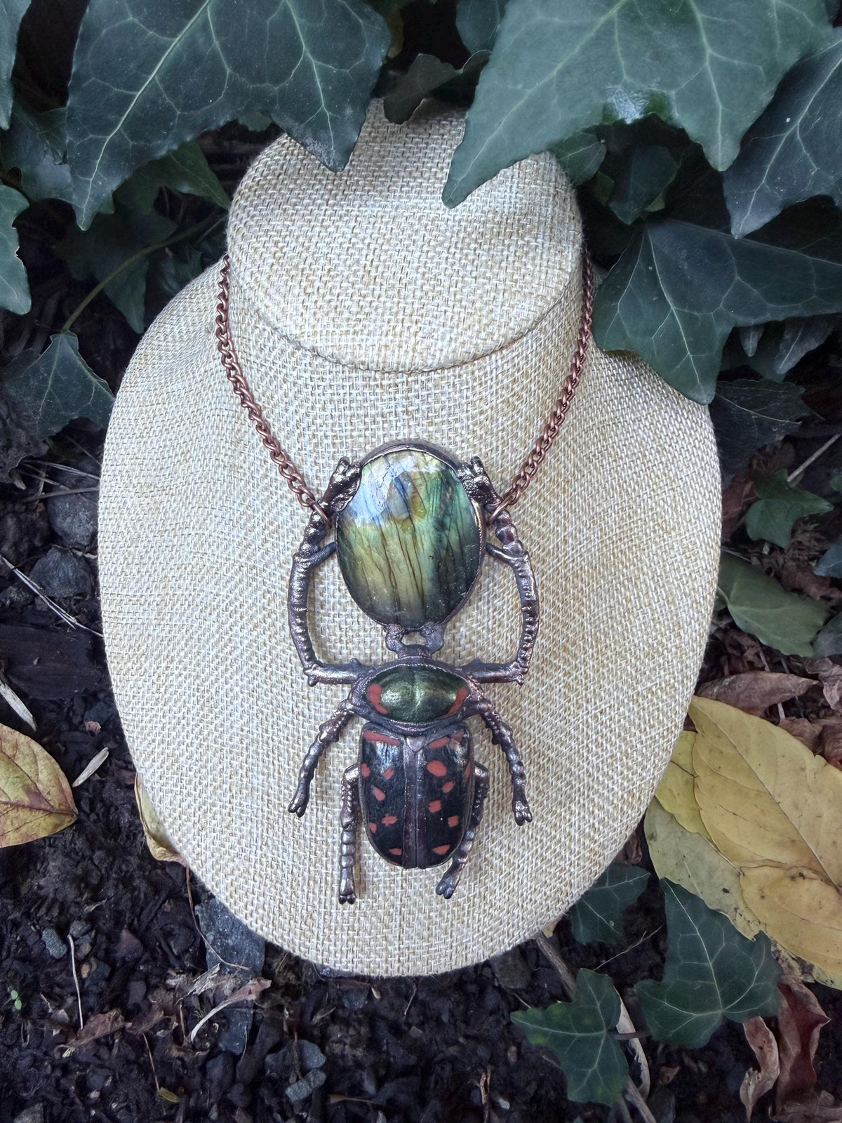 Electroformed Beetle Pendant · Labradorite Statement Necklace · Insect Jewelry · Copper Beetle