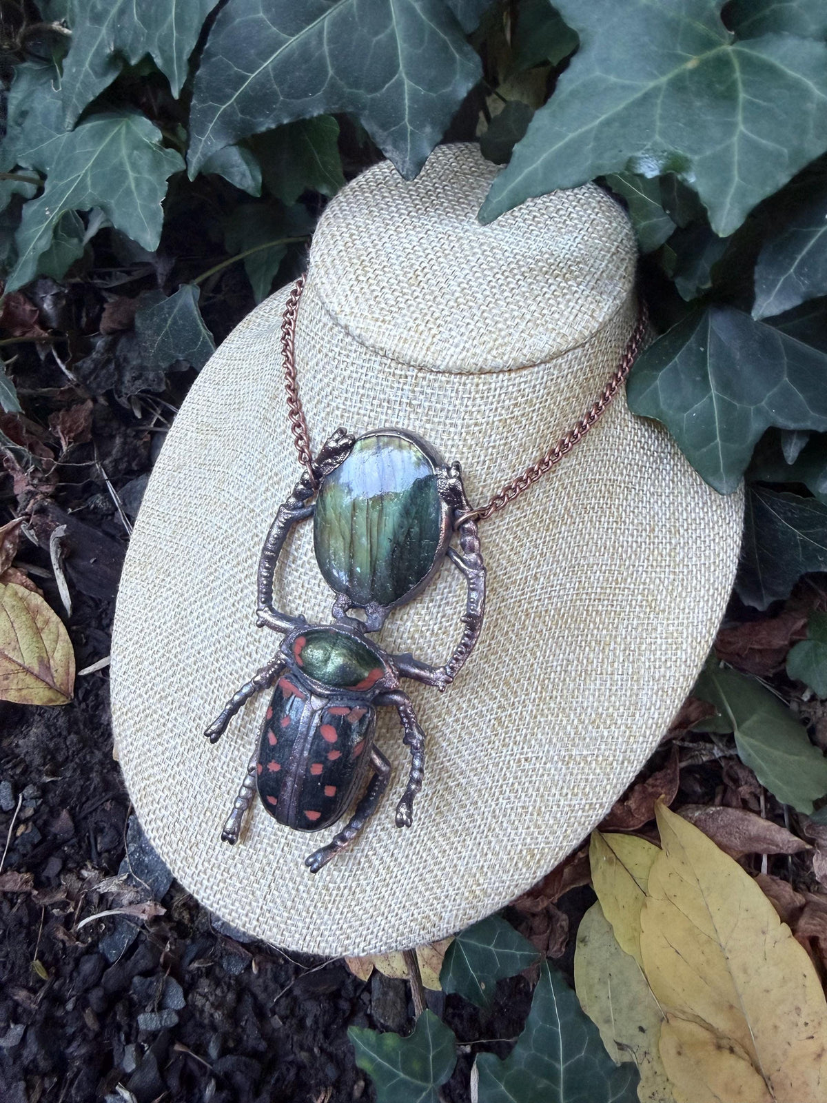 Electroformed Beetle Pendant · Labradorite Statement Necklace · Insect Jewelry · Copper Beetle