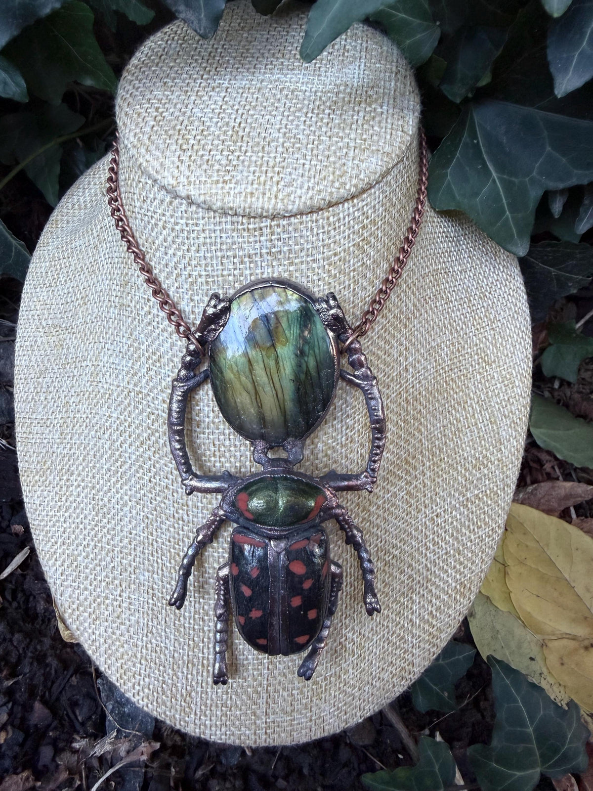 Electroformed Beetle Pendant · Labradorite Statement Necklace · Insect Jewelry · Copper Beetle