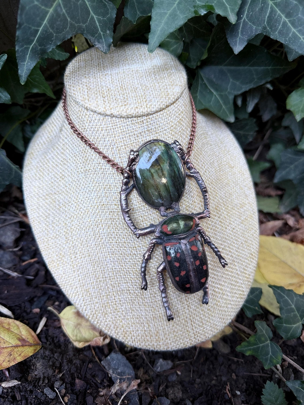 Electroformed Beetle Pendant · Labradorite Statement Necklace · Insect Jewelry · Copper Beetle