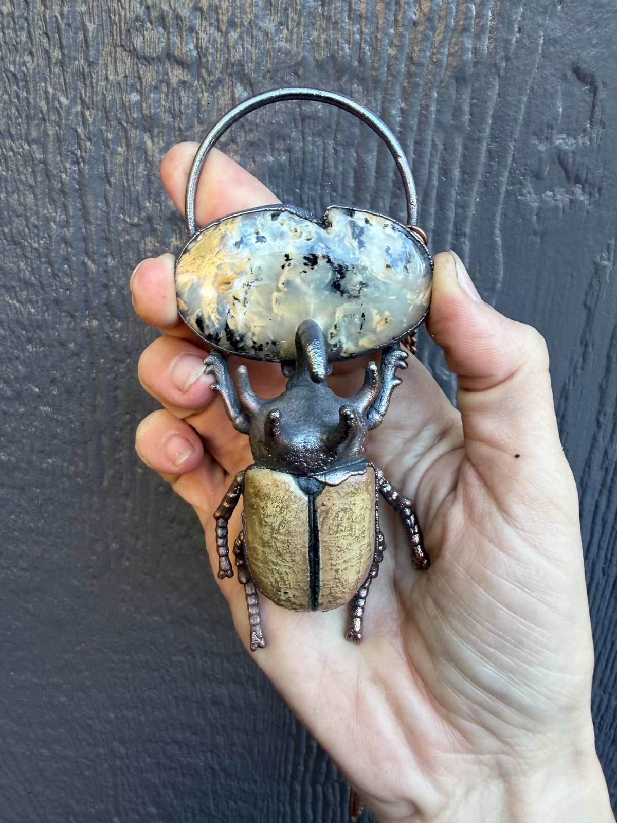 Dendritic Agate Beetle Pendant • Electroformed Copper Statement Necklace