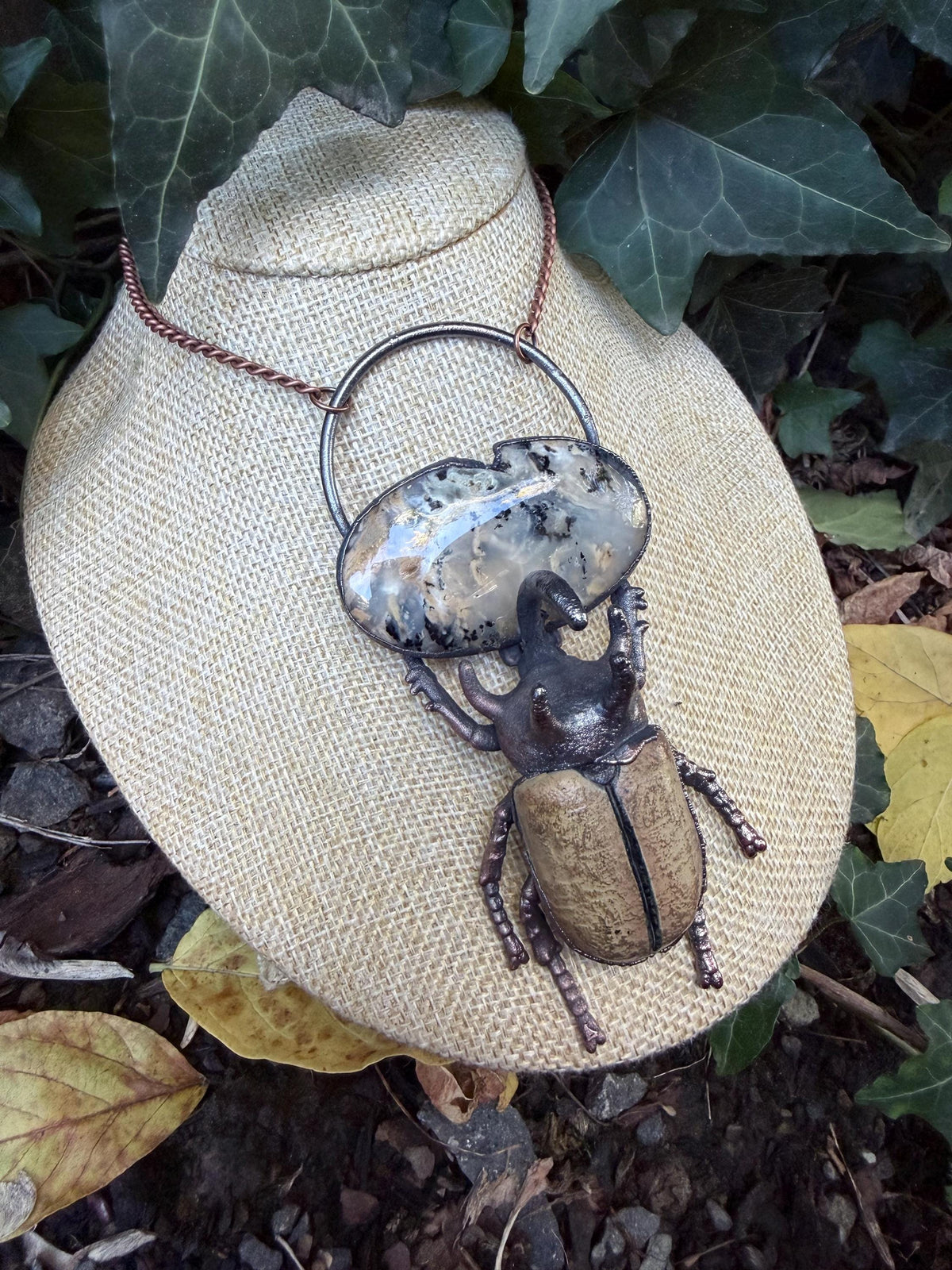 Dendritic Agate Beetle Pendant • Electroformed Copper Statement Necklace