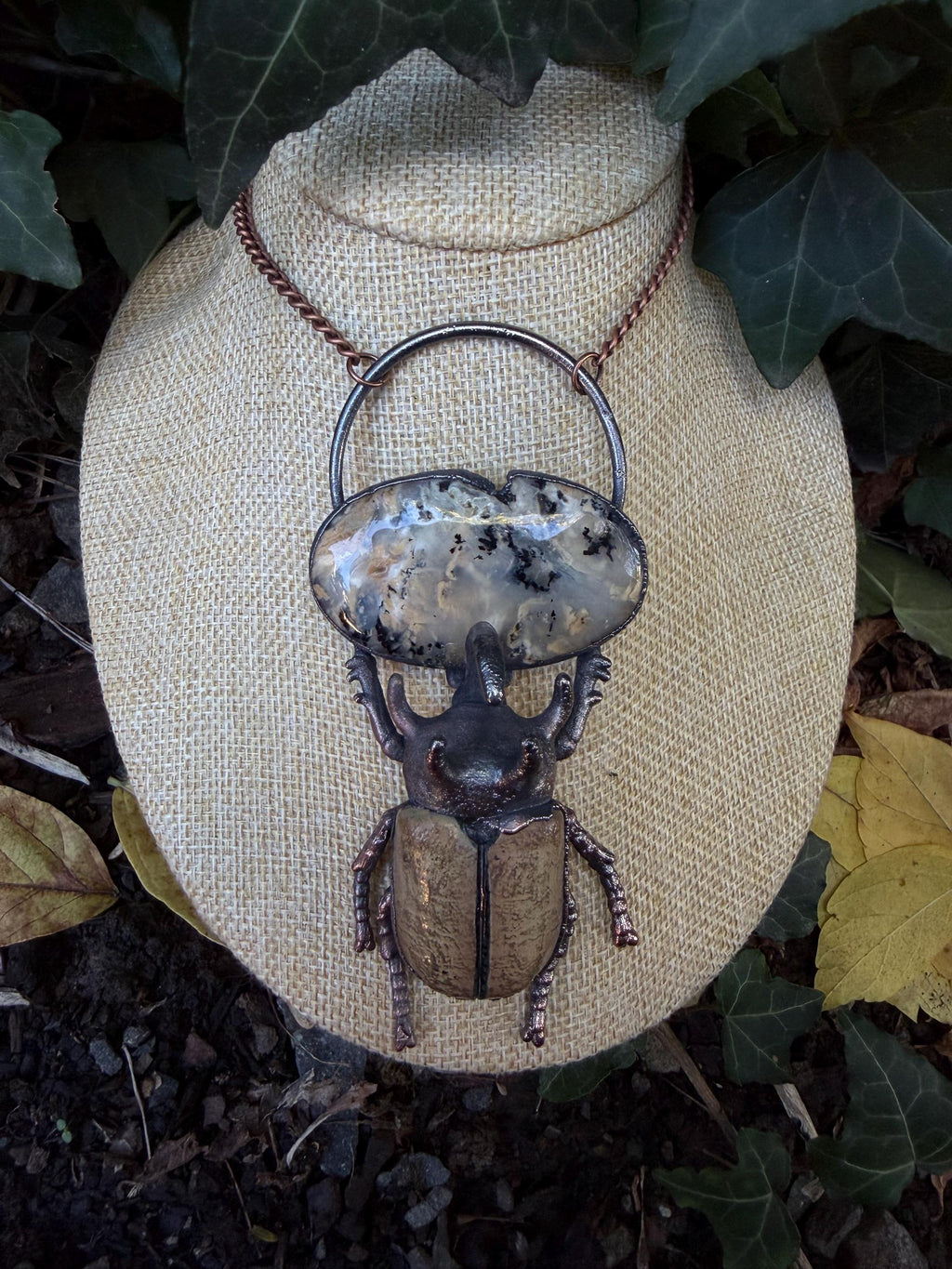 Dendritic Agate Beetle Pendant • Electroformed Copper Statement Necklace