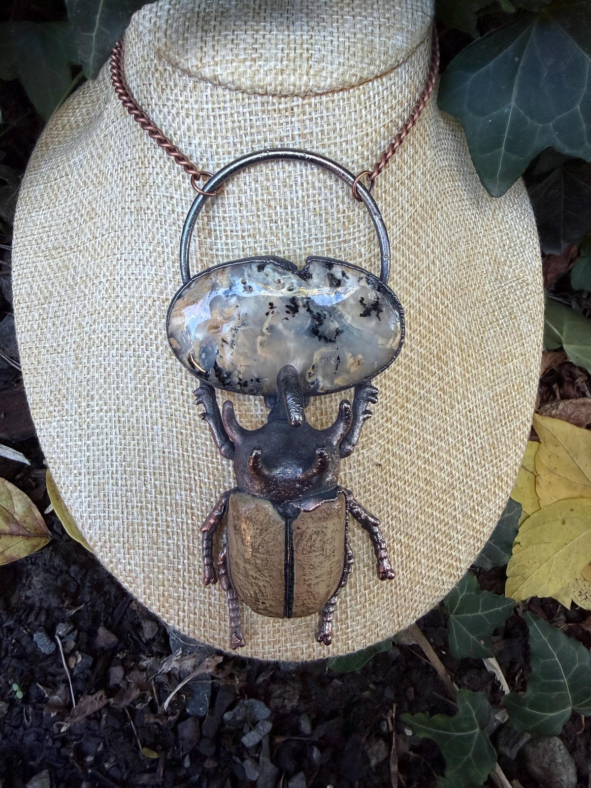 Dendritic Agate Beetle Pendant • Electroformed Copper Statement Necklace