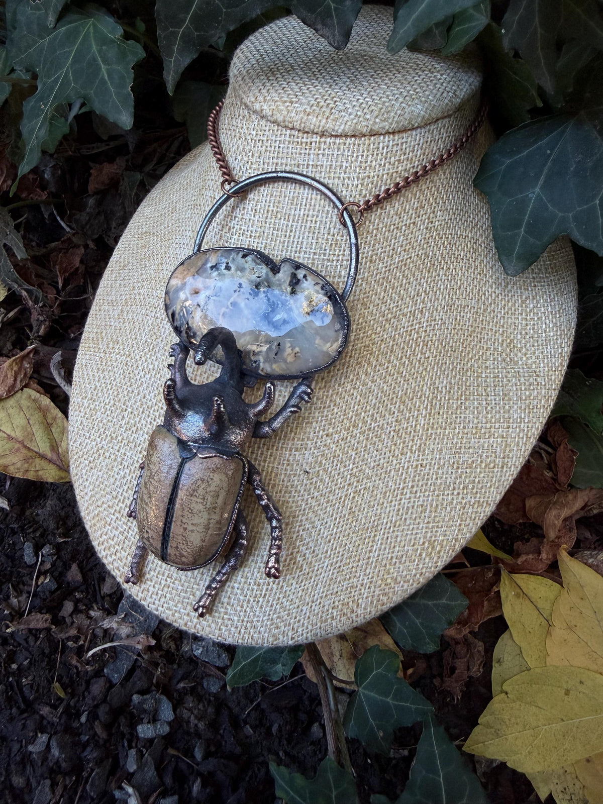 Dendritic Agate Beetle Pendant • Electroformed Copper Statement Necklace