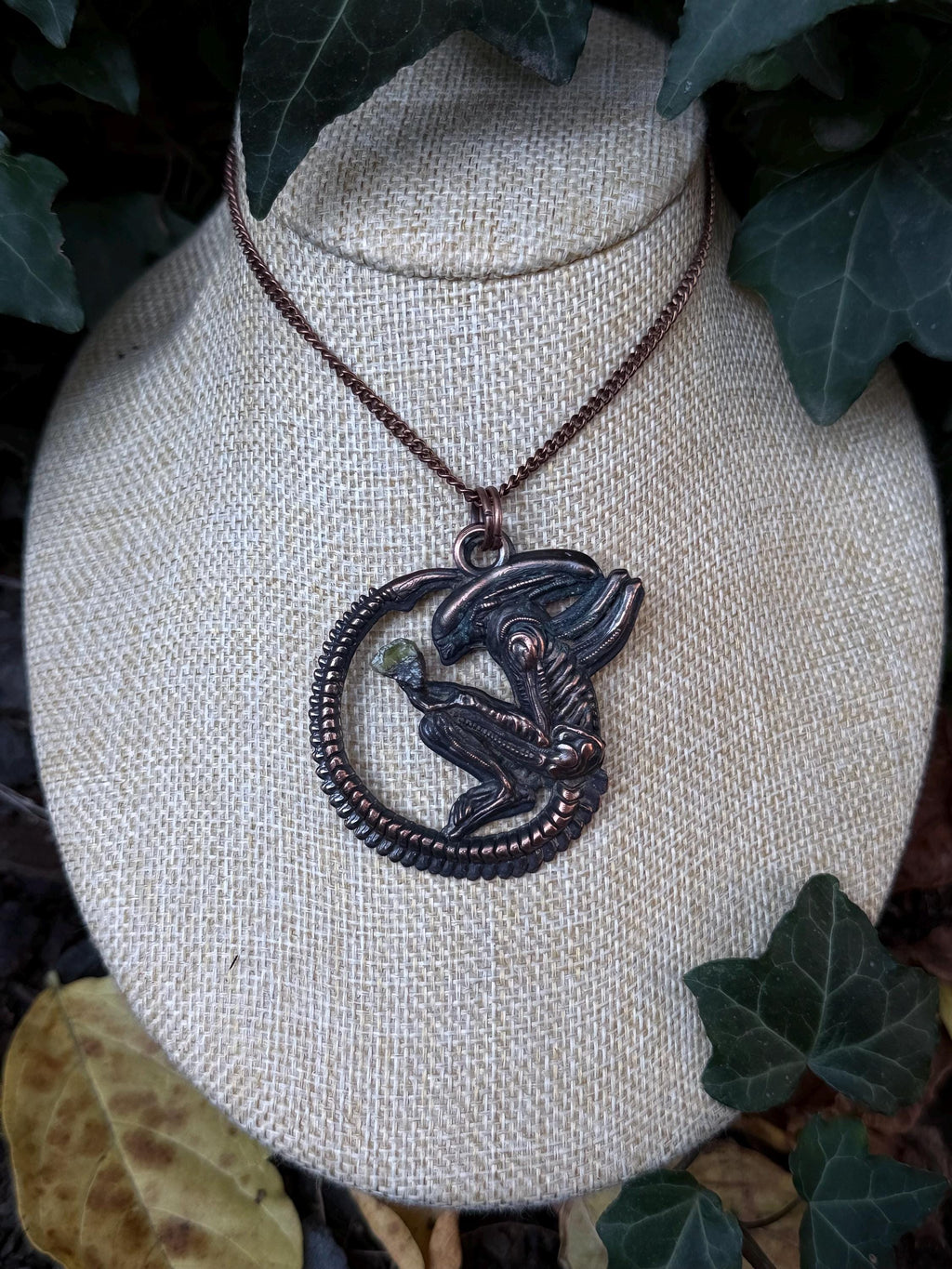 Xenomorph Sculptural Pendant • Electroformed Copper, Green Gemstone Accent