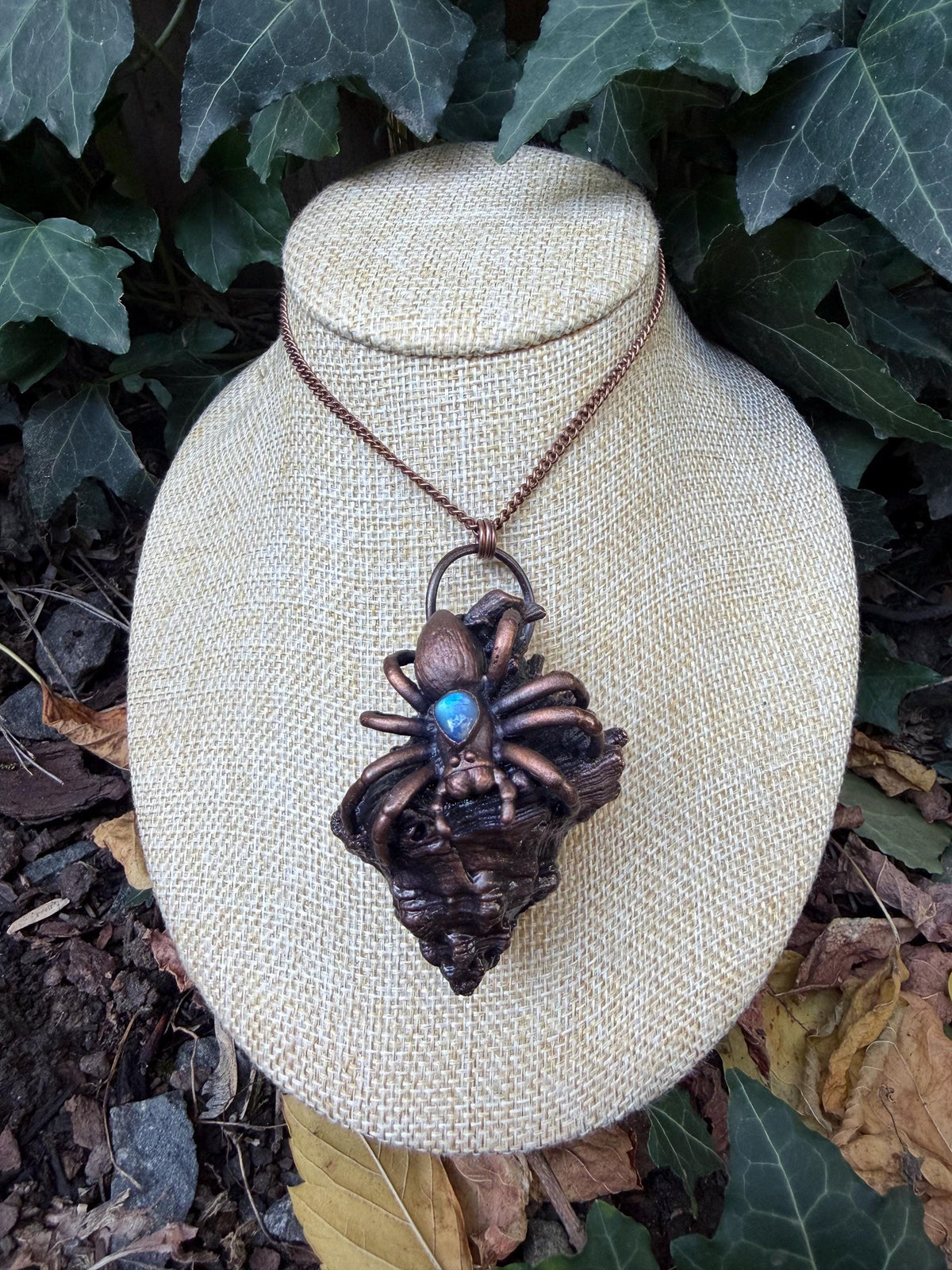 The Abyssal Weaver • Electroformed Seashell & Spider Pendant • Moonstone • Gothic Ocean Jewelry