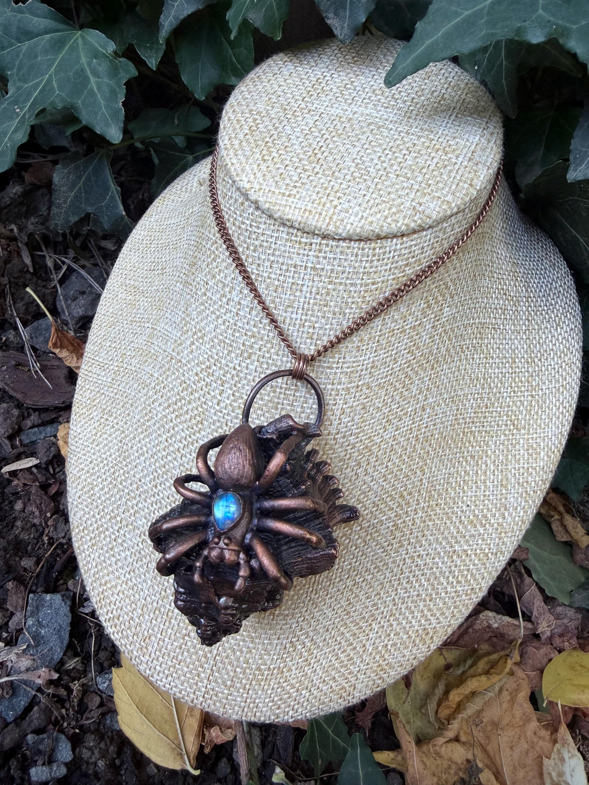 The Abyssal Weaver • Electroformed Seashell & Spider Pendant • Moonstone • Gothic Ocean Jewelry