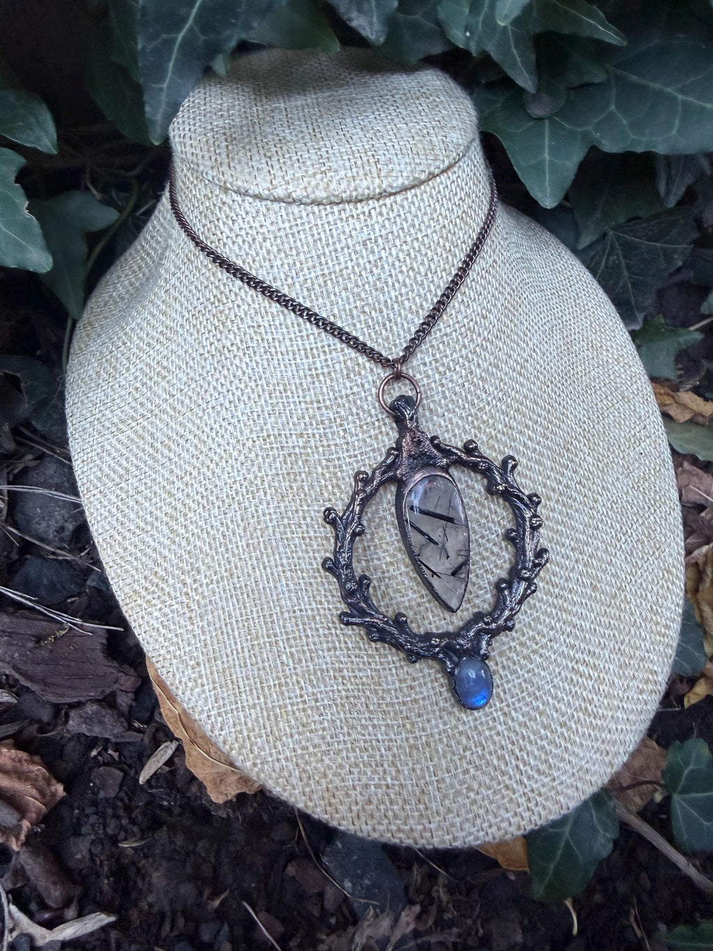 The Thorn Oracle • Electroformed Copper Pendant • Tourmalinated Quartz & Moonstone• Dark Botanical Jewelry