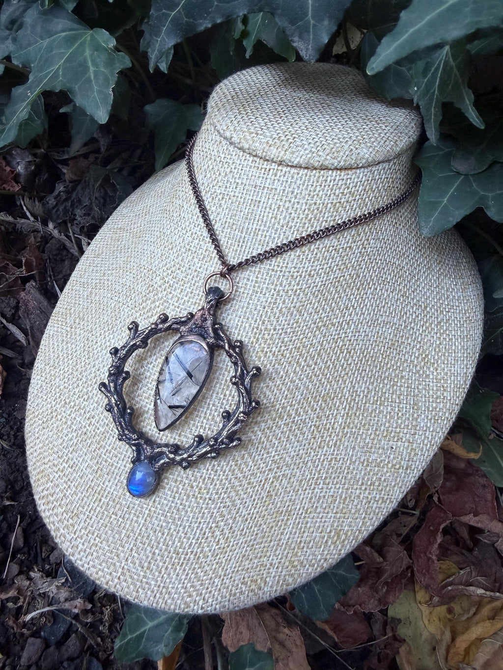 The Thorn Oracle • Electroformed Copper Pendant • Tourmalinated Quartz & Moonstone• Dark Botanical Jewelry