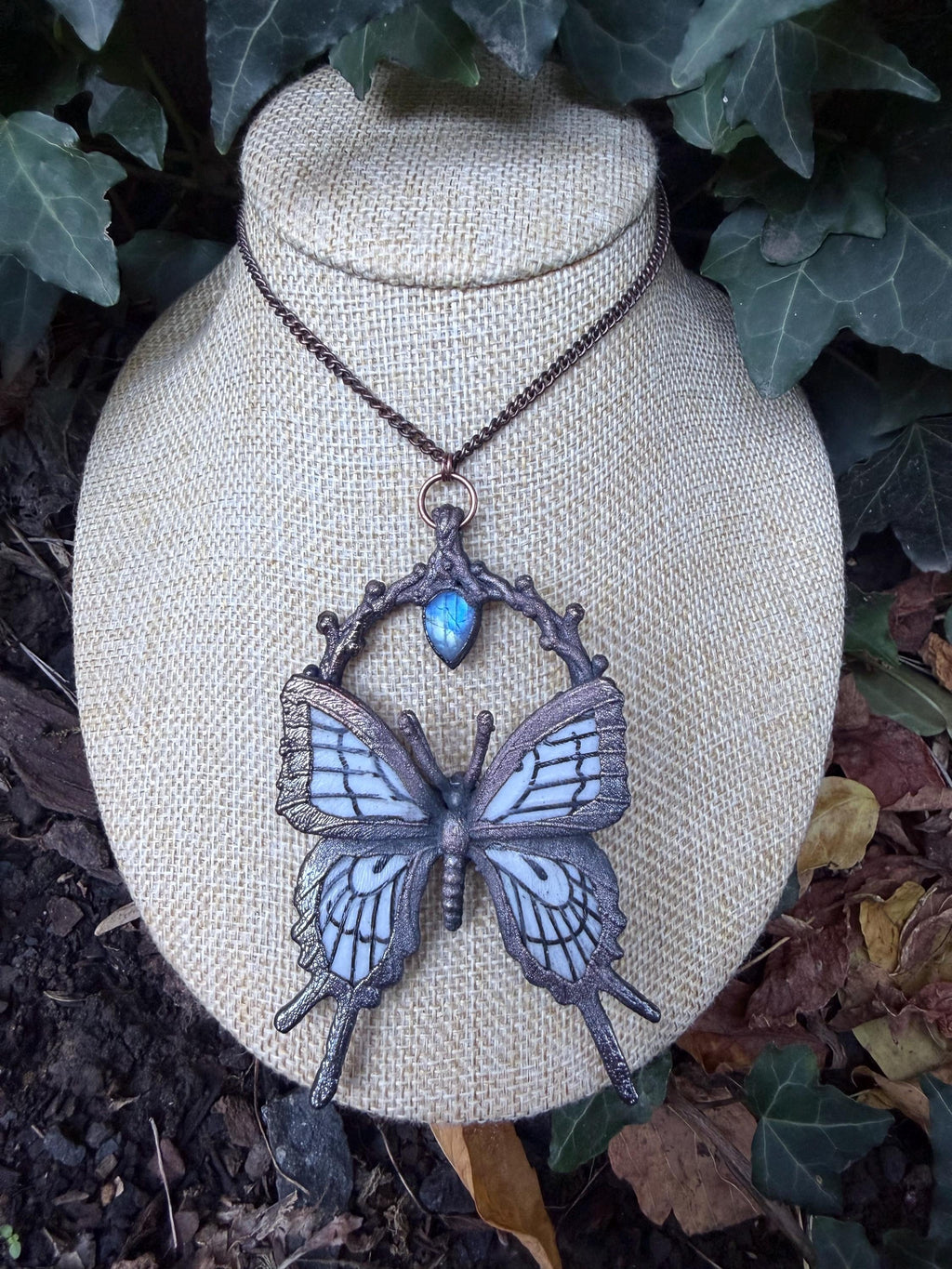 The Winter Omen • Electroformed Copper Butterfly Pendant • Moonstone • Gothic Nature Jewelry