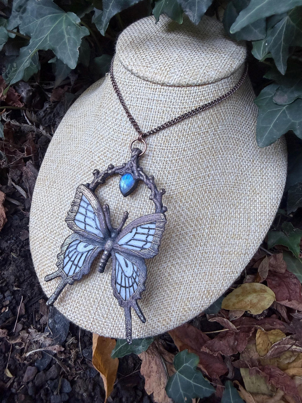 The Winter Omen • Electroformed Copper Butterfly Pendant • Moonstone • Gothic Nature Jewelry