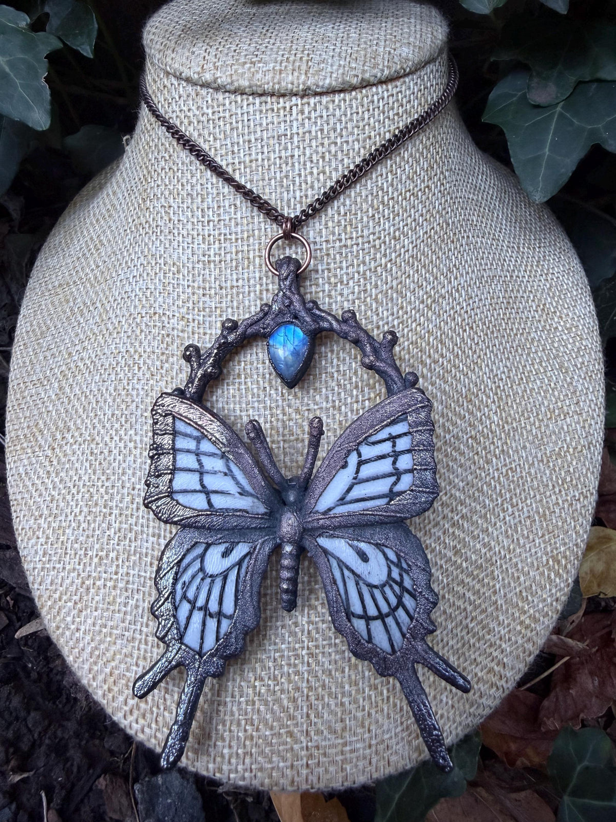 The Winter Omen • Electroformed Copper Butterfly Pendant • Moonstone • Gothic Nature Jewelry